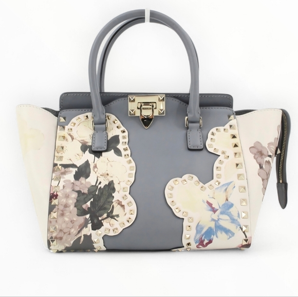 Valentino Garavani Handbags - Valentino Garavani Floral Rockstud Crossbody 2way Tote Bag Gray Cream Leather